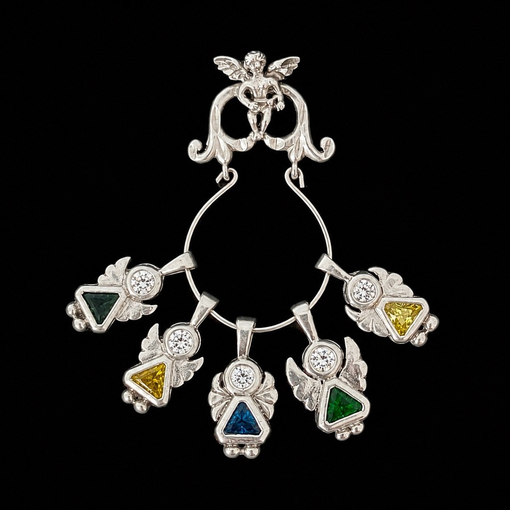 925 Sterling Silver Angel Pendant 5 Dangle Charms Multicolor Stones 11.7g